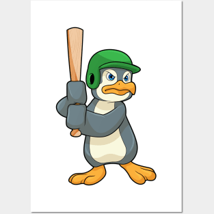 Penguin at Baseball with Baseball bat & Helmet Posters and Art